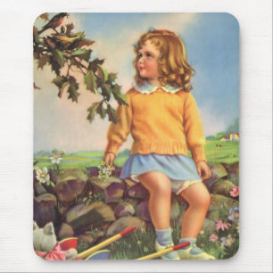 Mousepad Menina Antiga Observando Pássaros em uma Árvore, P