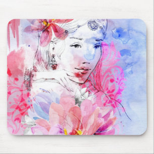 Mousepad Menina bonita com um buquê das flores