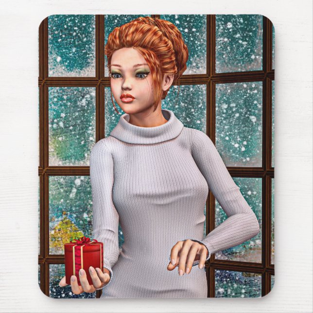 Mousepad Menina Bonita Segurando um Presente de Natal (Frente)