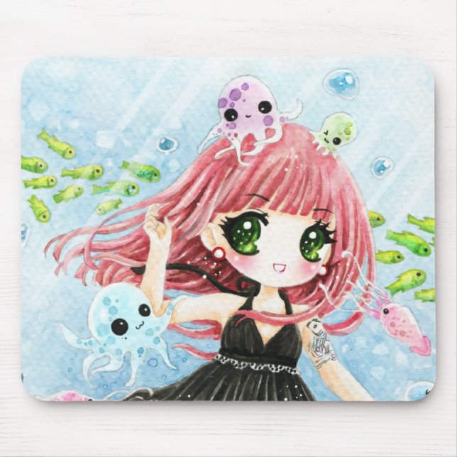 Mousepad Menina bonito com polvo e peixes do kawaii (Frente)