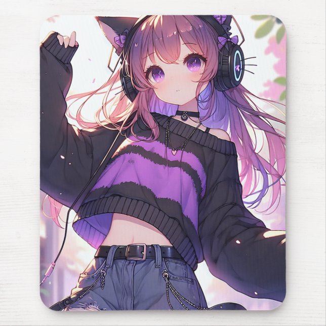 Mousepad Menina bonito de animação em Fones de ouvido com o (Frente)