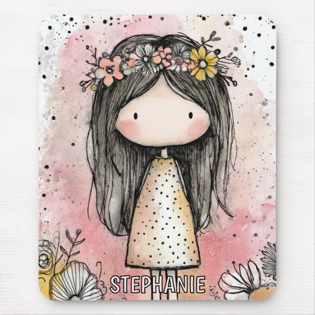 Mousepad Menina Caprichosa Aquarela com Acentos Florais (9) (Frente)