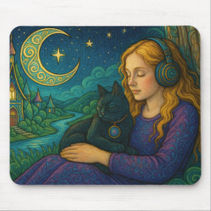 Mousepad Menina Caprichosa com Gato Preto sob a Lua Crescen