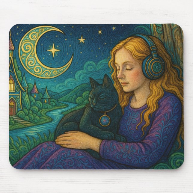 Mousepad Menina Caprichosa com Gato Preto sob a Lua Crescen (Frente)