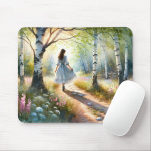 Mousepad Menina Caprichosa Dançando pela Floresta de Bétula