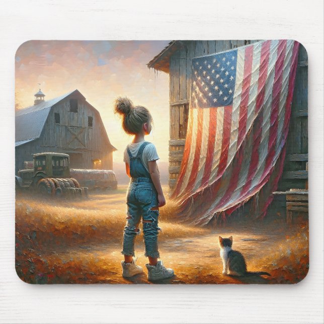 Mousepad Menina Com Bandeira Americana No Velho Barn (Frente)