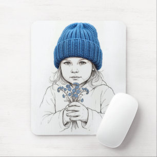 Mousepad Menina com Chapéu Azul e Flores de Não-me-esqueças