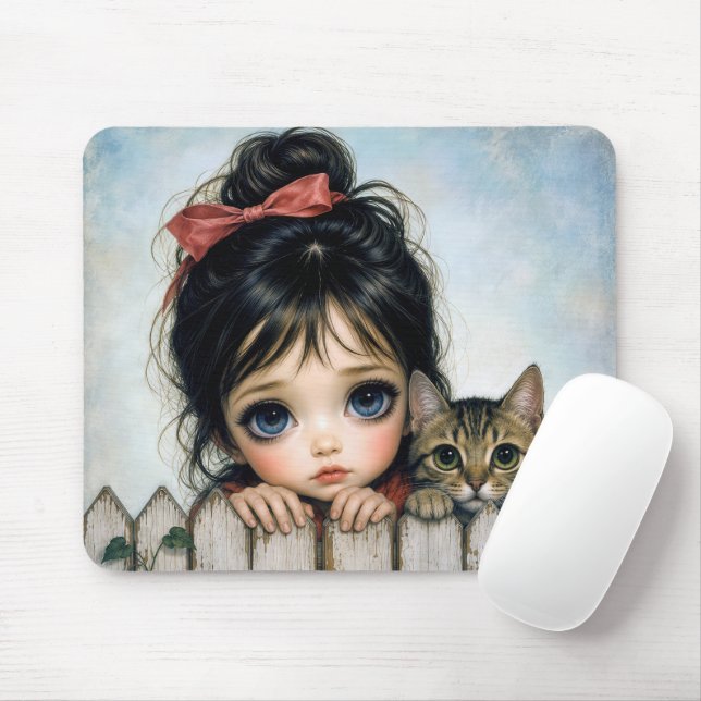 Mousepad Menina com Olhos Grandes e Gato de Estimação (Com mouse)