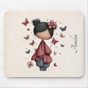 Mousepad Menina com Varinha Mágica e Borboletas Fofo