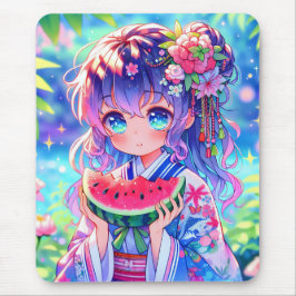 Mousepad Menina de animação bonita comendo melancia no dia