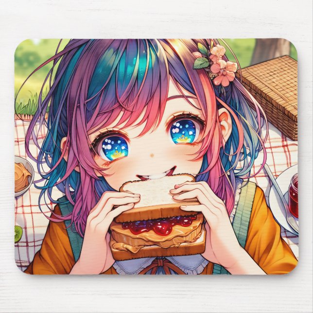 Mousepad Menina de Animação Bonita comendo uma Manteiga de  (Frente)