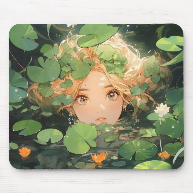 Mousepad Menina de Animação Bonita em Pond (Frente)