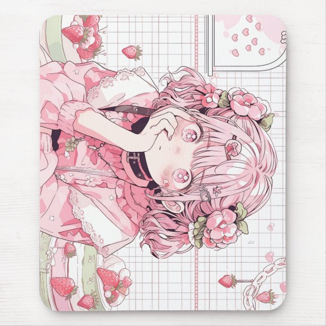 Mousepad Menina de animação do Café Rosa Kawaii (Frente)