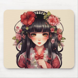 Mousepad Menina de animação, flores rosa