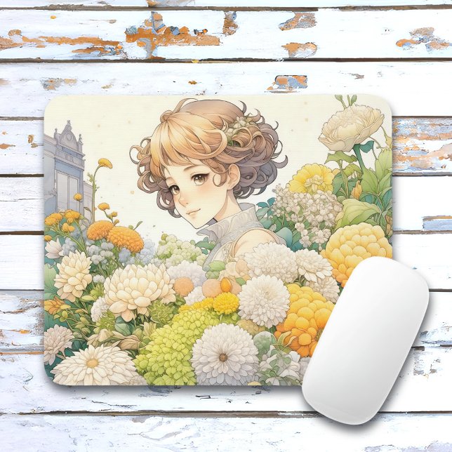 Mousepad Menina de Anime em Flores Amarelas (Criador carregado)
