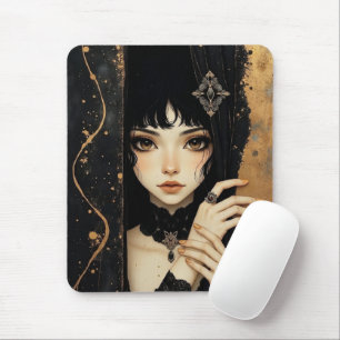 Mousepad Menina de Anime Gótico Preto e Dourado