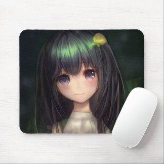Mousepad Menina de Cabelo Preto Verde e Bonita Waifu Kawaï