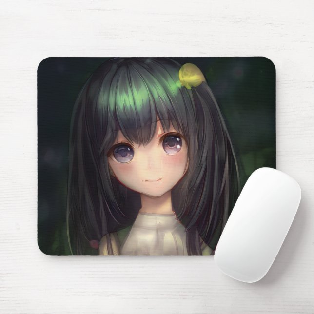 Mousepad Menina de Cabelo Preto Verde e Bonita Waifu Kawaï  (Com mouse)