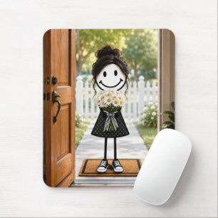 Mousepad Menina de Palito Segurando um Buquê de Margaridas