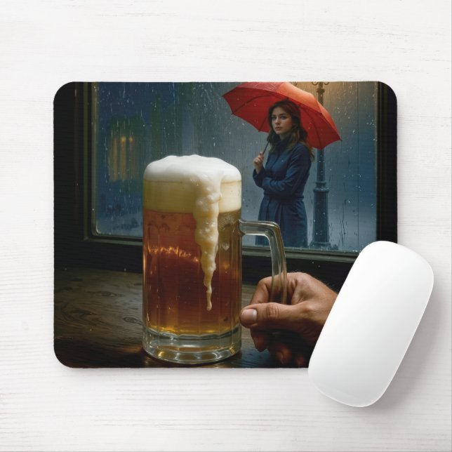 Mousepad Menina debaixo de um guarda-chuva vermelho olhando (Com mouse)