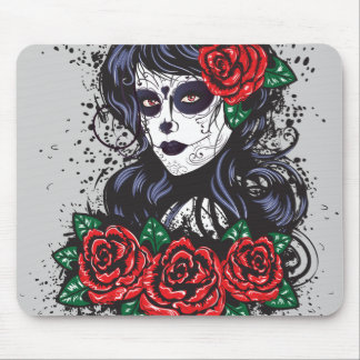 Mousepad Menina do crânio do açúcar do vintage com rosas
