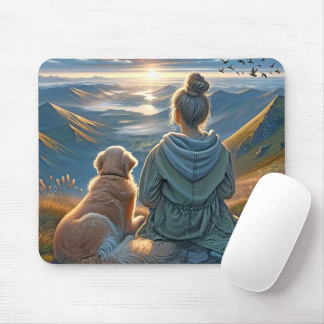 Mousepad Menina e Retriever Dourado Nascer do Sol (Com mouse)