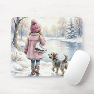 Mousepad Menina em aquarela com patins de gelo e cachorro