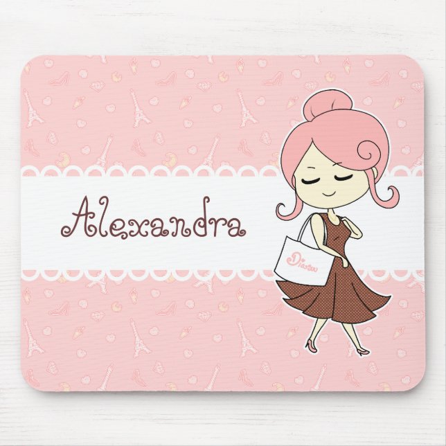 Mousepad Menina feminino da torre Eiffel chique e na moda (Frente)