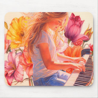 Mousepad Menina Jovem Tocando Piano em um Jardim de Flores