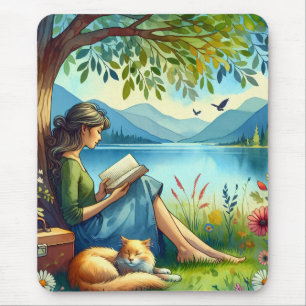 Mousepad Menina lendo um livro sob uma árvore com um gato s