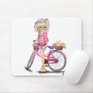 Mousepad Menina Loura-Gira com Bicicleta Rosa e Gato nas Fl