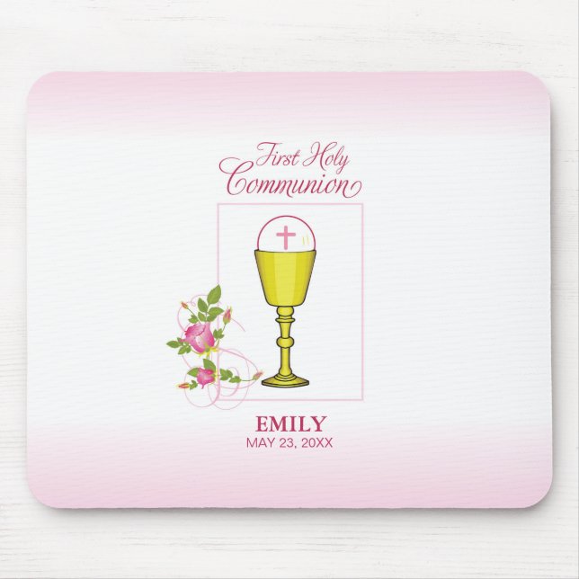 Mousepad Menina Rosa Primeira Comunhão, Cálice, Hóstia, Ros (Frente)