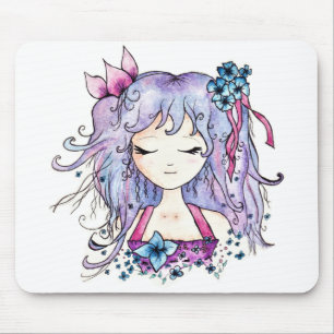 Mousepad Menina roxa bonito do manga da flor do cabelo