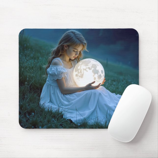 Mousepad Menina segurando uma lua brilhante (Com mouse)