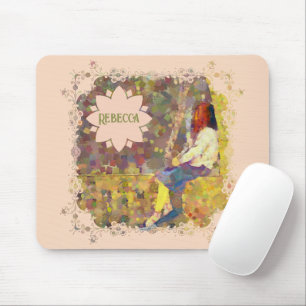 Mousepad Menina Sonhadora na Parede Geometria Colorida Abst