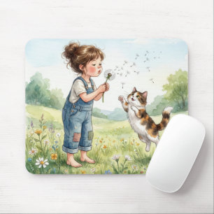 Mousepad Menina soprando sementes de dente-de-leão com gato