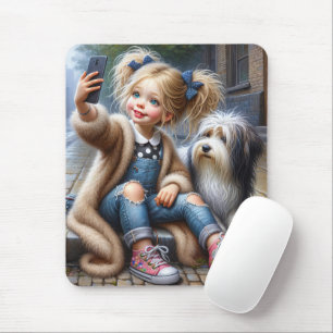 Mousepad Menina tomando uma selfie com cachorro