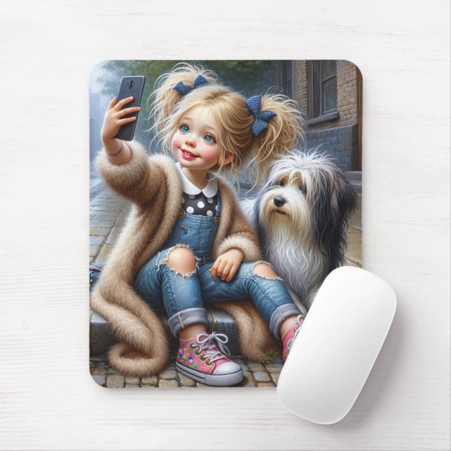 Mousepad Menina tomando uma selfie com cachorro (Com mouse)