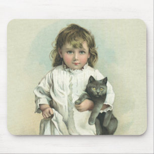 Mousepad Menina Vitoriana Antiga em Camisola com seu Gato