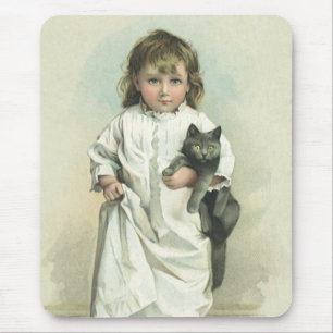 Mousepad Menina Vitoriana Antiga em Camisola com seu Gato