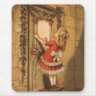 Mousepad Menina Vitoriana de Natal Antigo Pendurando uma Gr