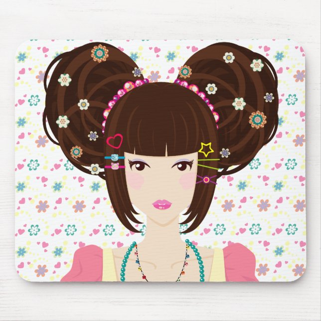 Mousepad Menina Yuriko de Harajuku com fundo florido (Frente)
