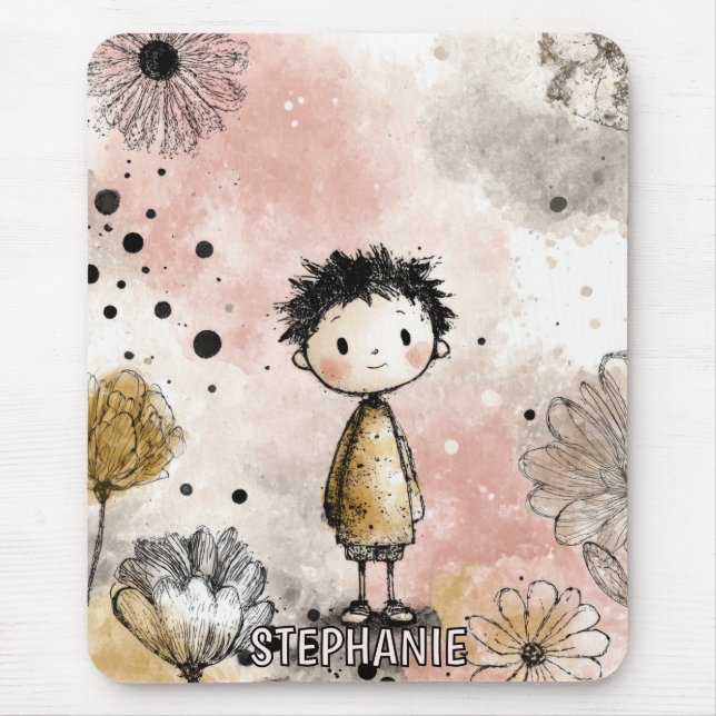 Mousepad Menino Caprichoso Aquarela com Acentos Florais (3) (Frente)