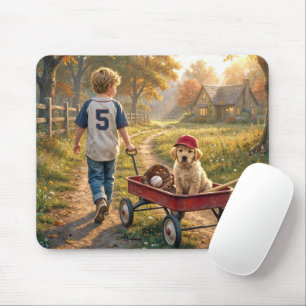 Mousepad Menino com um Carrinho Vermelho e Cachorrinho Retr
