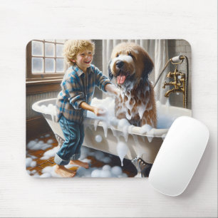 Mousepad Menino dando banho em seu cachorro desgrenhado