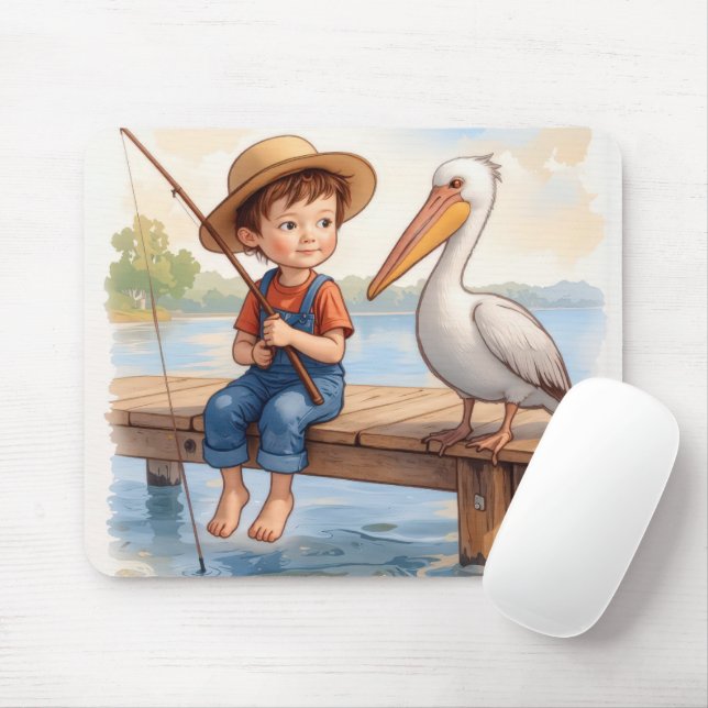 Mousepad Menino Pescando Com um Pelicano (Com mouse)
