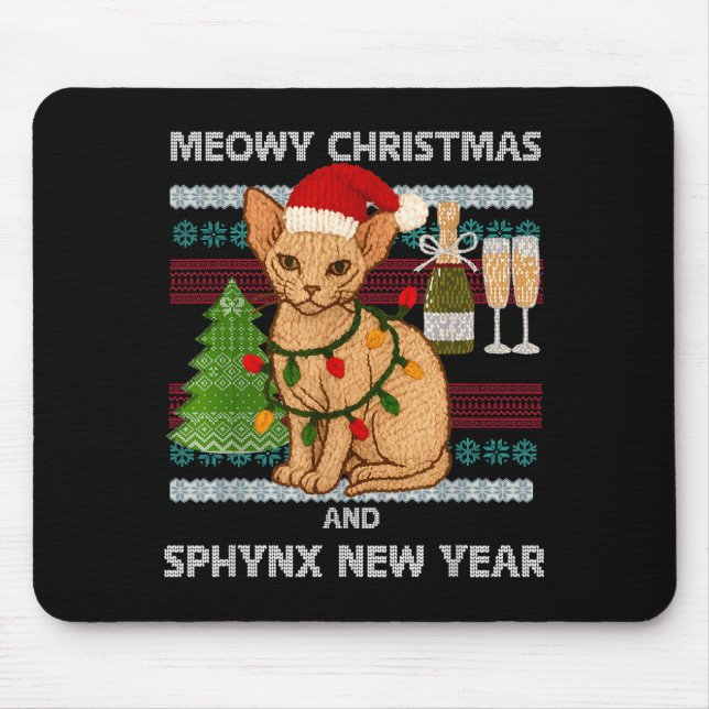Mousepad Meowy Christmas Funny Sphynx Cat Santa Hat Ugly Sw (Frente)