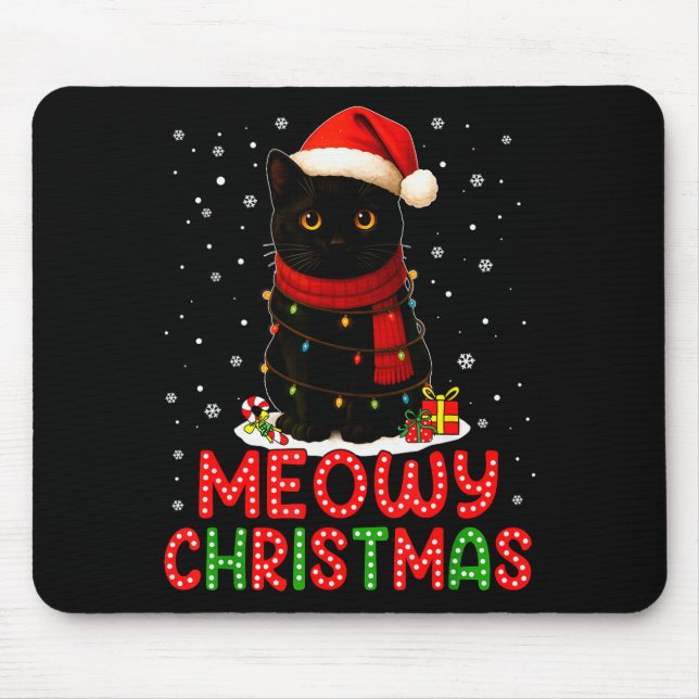 Mousepad Meowy Christmas Santa Hat Funny Black Cat Men Wome (Frente)