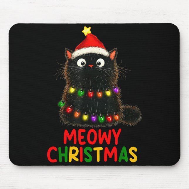 Mousepad Meowy Christmas Tree Lights Black Cat Xmas Pajamas (Frente)
