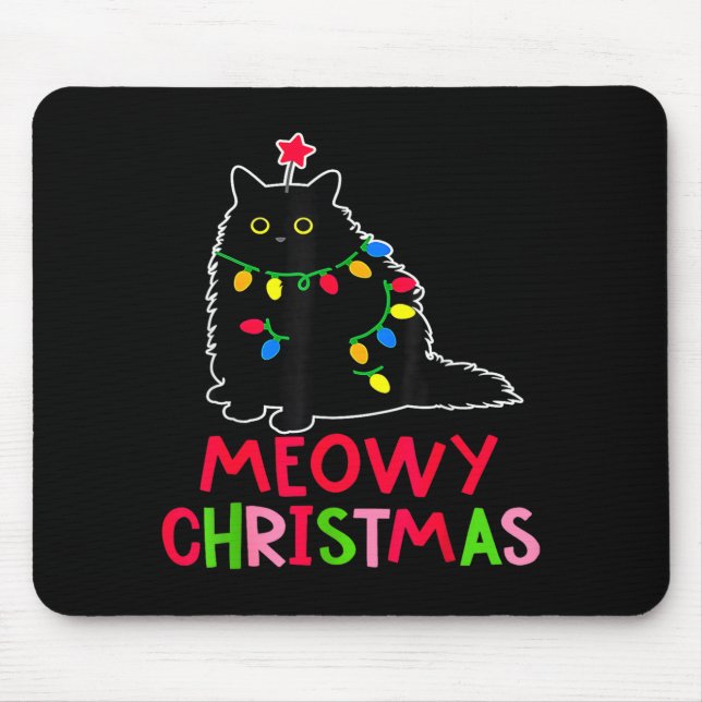 Mousepad Meowy Christmas Xmas Lights Black Cat Pajamas Fami (Frente)